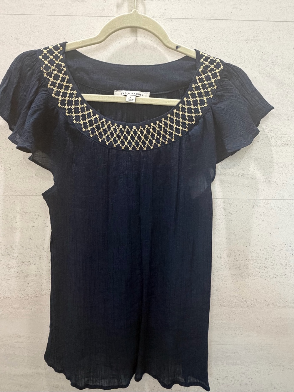 Zac & Rachel Navy Short-Sleeve Blouse with Gold Beaded Scoop Neck